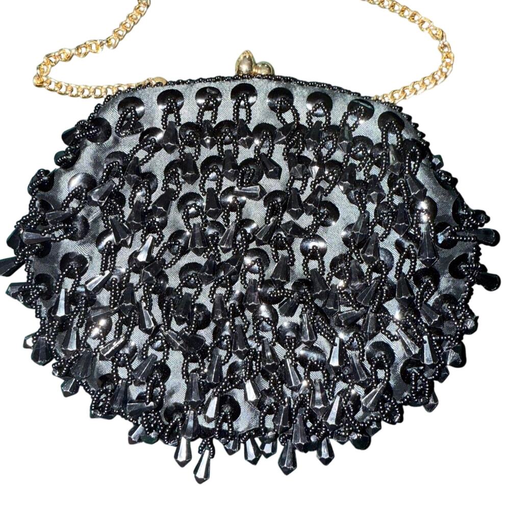 Black beaded and sequin vintage clutch bag Made in Hong Kong for Atleigh‎ purse - Picture 2 of 6